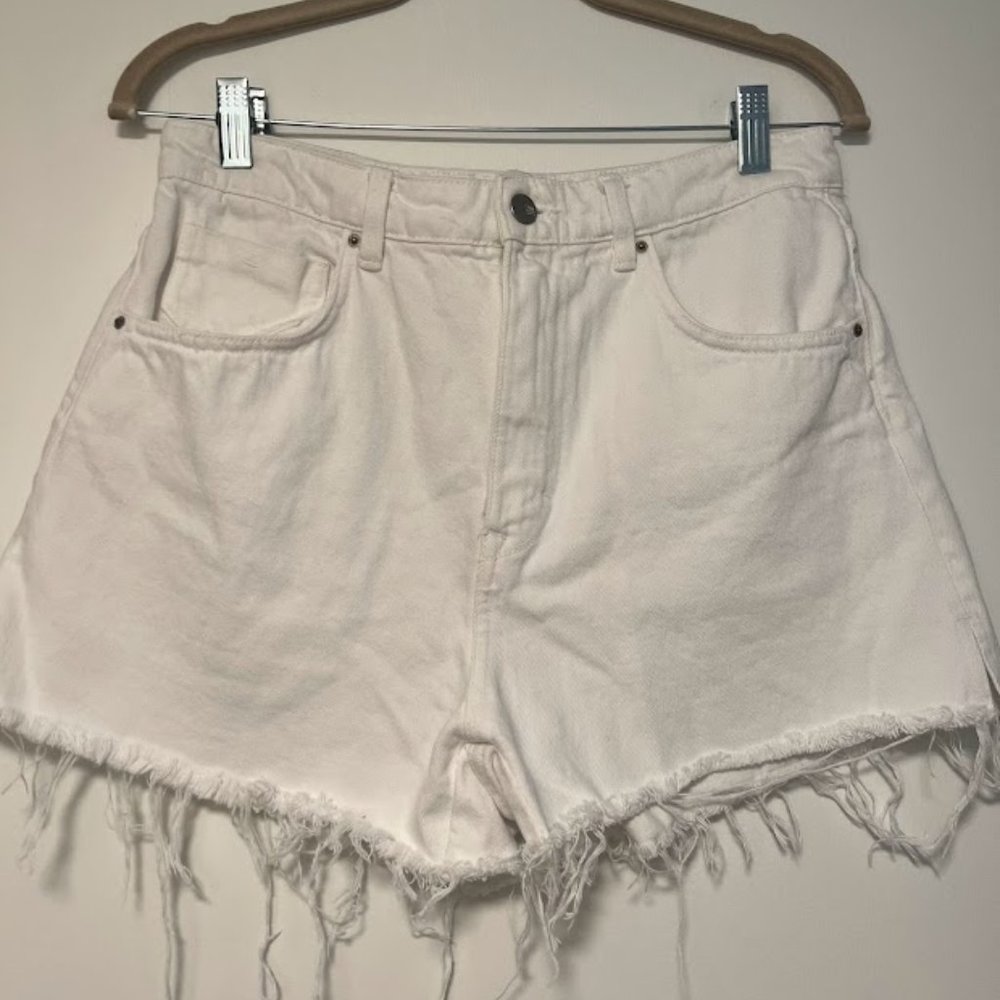 Zara - Distressed, High-Waisted, White Denim Shorts - Size 8